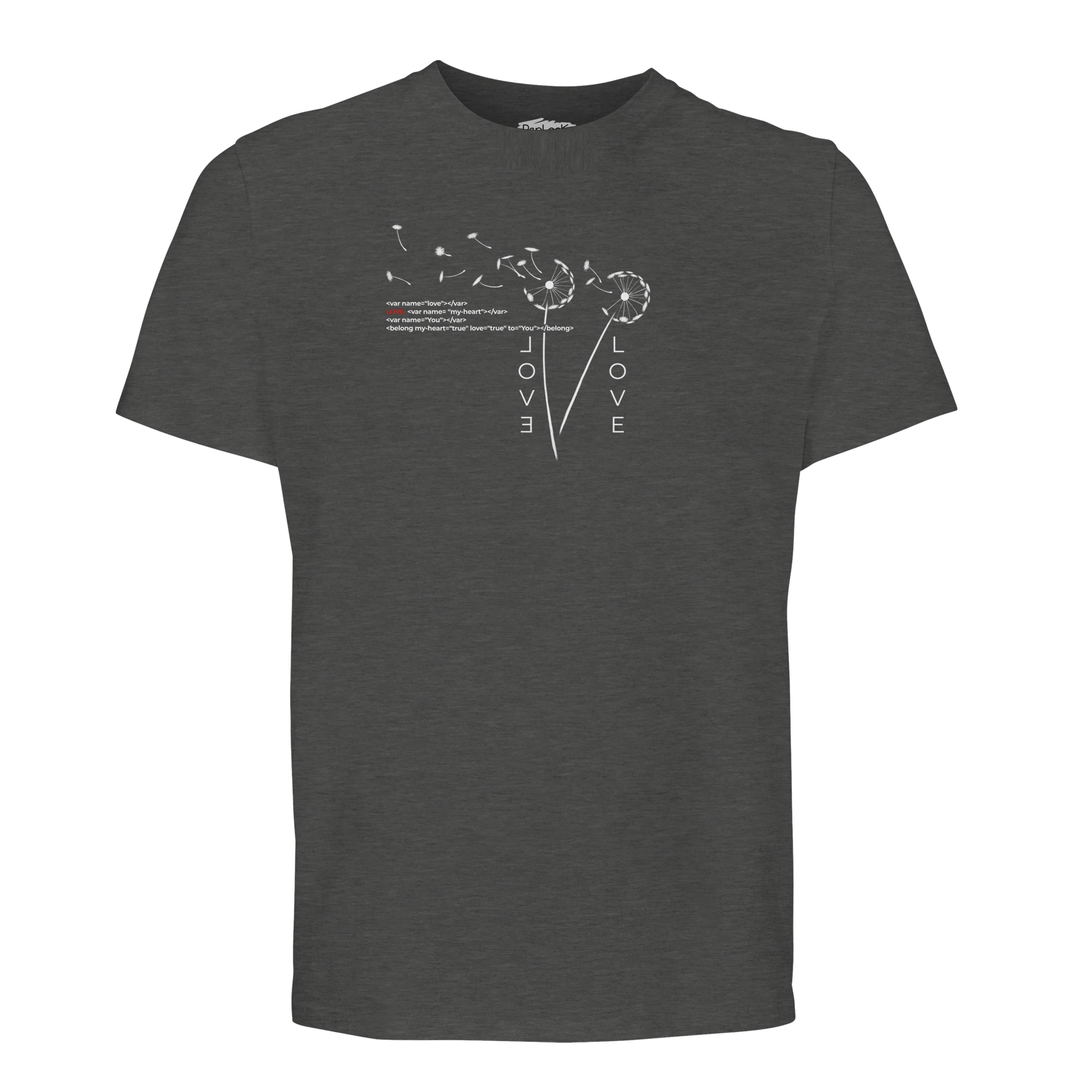 Dark gray crew-neck organic T-shirt with small Love graphic print on chest