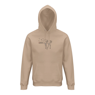 Organic unisex hoodie in khaki/beige with hood, drawstrings, kangaroo pocket; Love graphic.