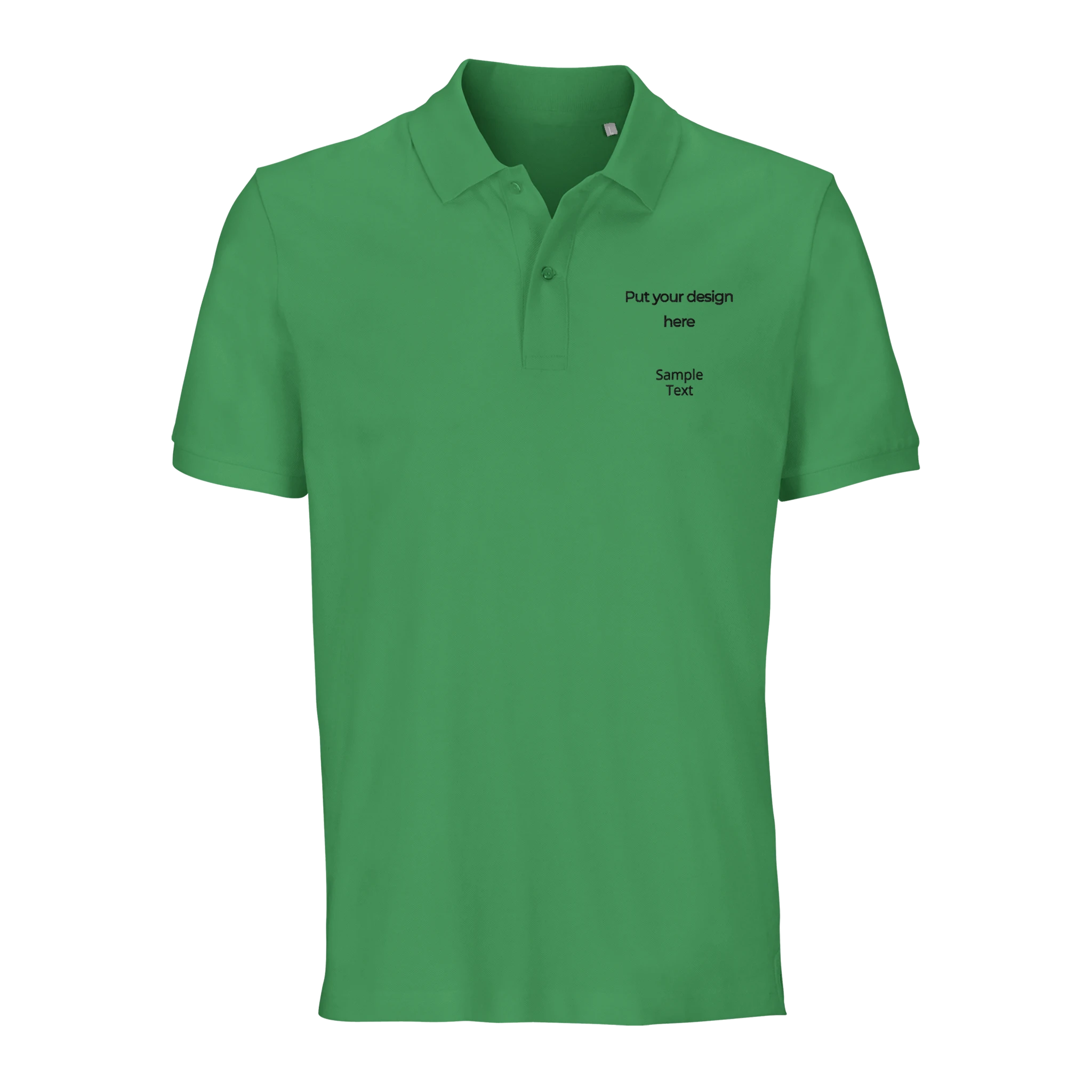 Green unisex organic polo shirt with collar, button placket, and custom design text