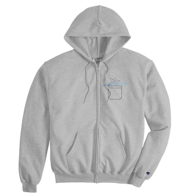 Light gray unisex zip hoodie, front view with RenLook chest graphic