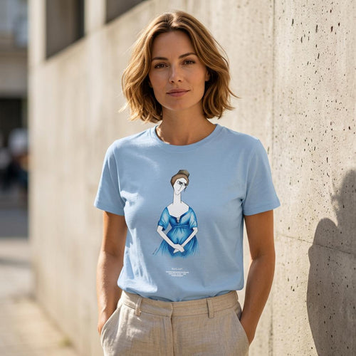 Light blue T-shirt with blue graphic print of a woman holding hands, crew neck.