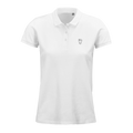 Women’s polo shirt in white with button placket and small chest graphic