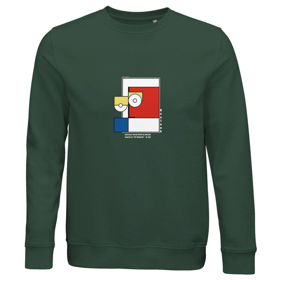 Unisex bottle green sweatshirt with Piet Mondrian style square graphic on chest