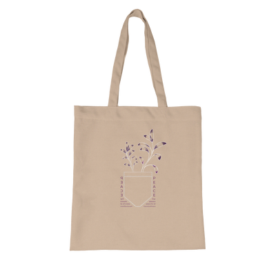 Natural tote bag with short handles and front potted tree with PEACE text graphic