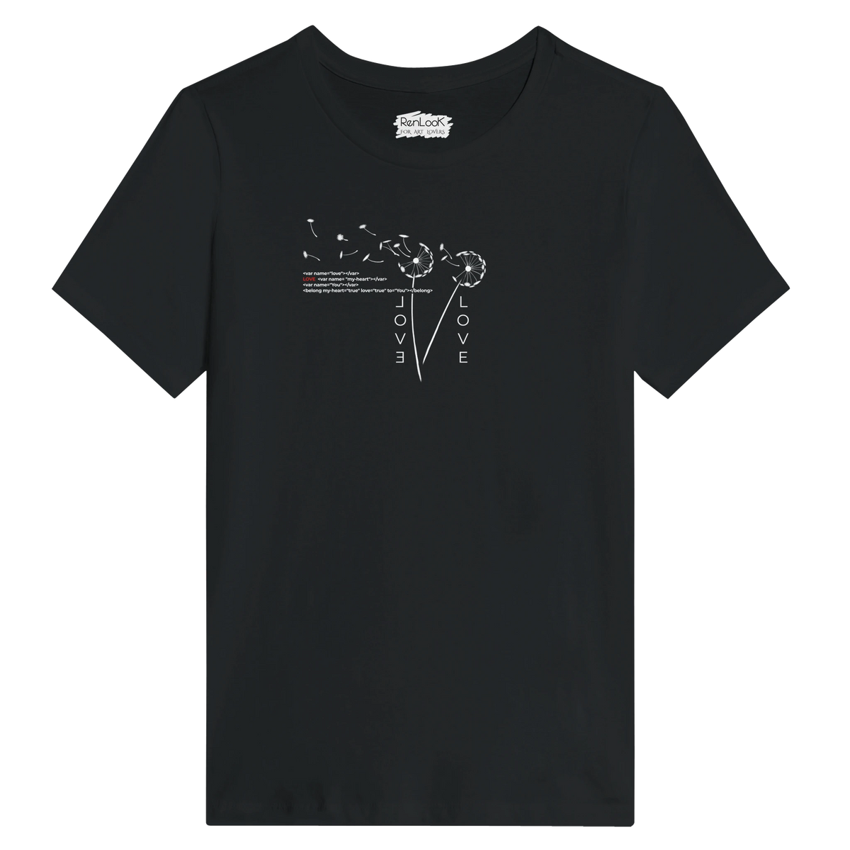 Women's crew-neck T-shirt in black with white Love heart graphic on chest