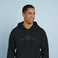 Black unisex pullover hoodie with front boat graphic and drawstrings