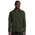Unisex organic jacket in deep khaki with button-front, stand collar, and two chest pockets