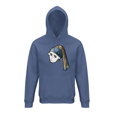 Blue organic hoodie with front graphic, drawstring hood and kangaroo pocket