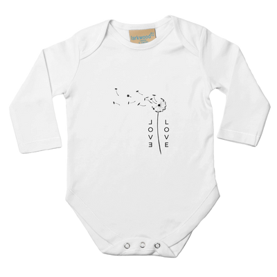 White cotton baby bodysuit with long-sleeve design and small “LOVE” lettering graphic