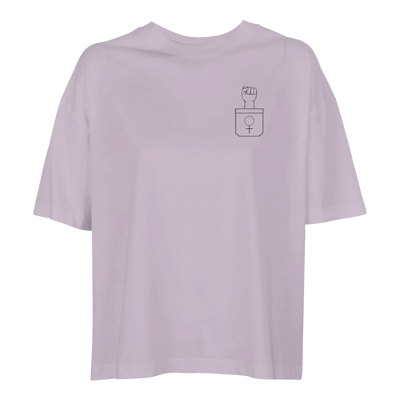 Light purple oversized crew-neck T-shirt with small feminist symbol graphic on chest