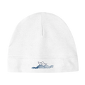 Organic baby hat in white with embroidered boat and wavy lines