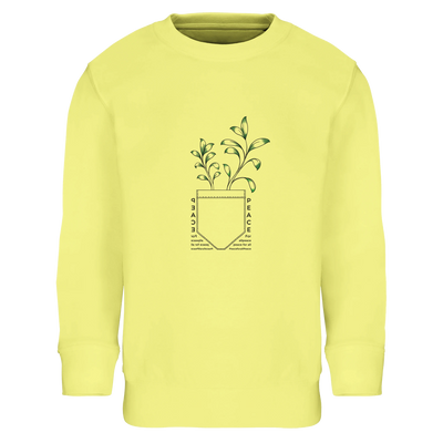 Kids sweatshirt in light yellow with Peace floral graphic on front.