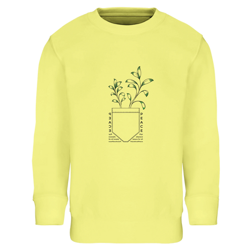 Kids sweatshirt in light yellow with Peace floral graphic on front.