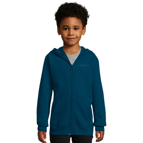 Kids zip-up hoodie in teal with hood, full front zipper, and kangaroo pockets