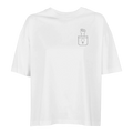 Off-white oversized crew-neck T-shirt with small feminist symbol graphic on chest