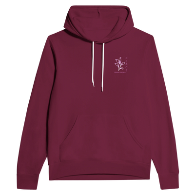 Unisex pullover hoodie in burgundy with drawstring hood and peace logo