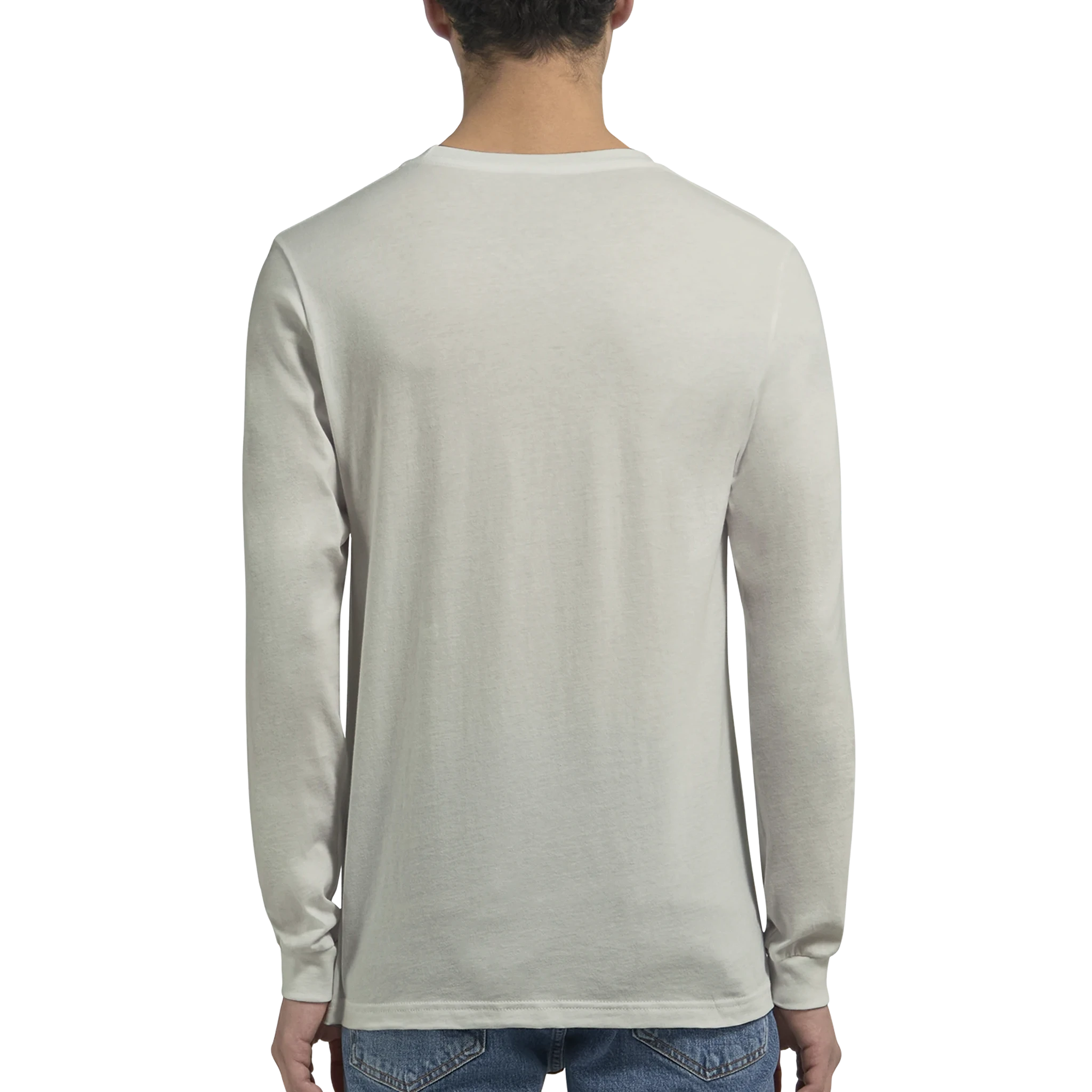 Ash gray unisex long-sleeve T-shirt, back view, crew neck.