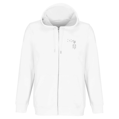 White unisex zip-up hoodie with hood and drawstring, full-length zipper