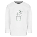 Kids sweatshirt in white with Peace floral graphic on front.
