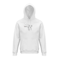 Organic unisex hoodie in white with hood, drawstrings, and front kangaroo pocket; Love graphic.