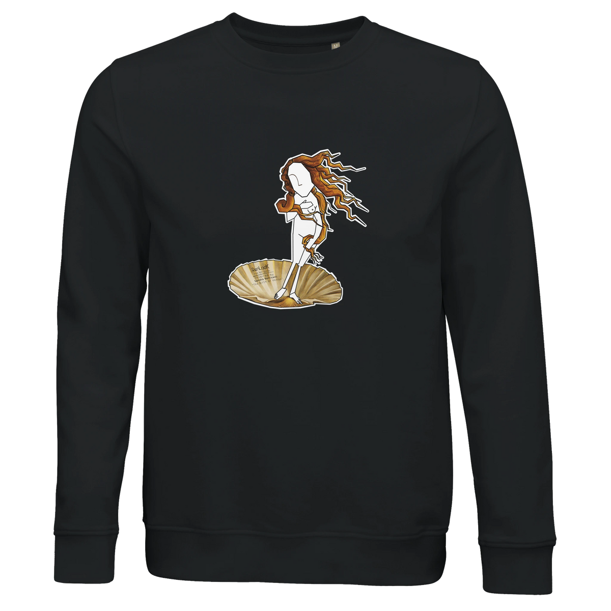 Unisex crewneck sweatshirt in black with front graphic print and ribbed cuffs