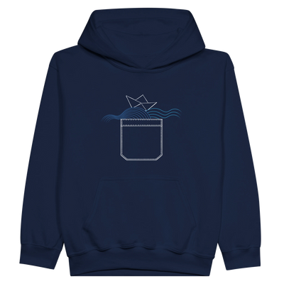 Youth hoodie in navy with kangaroo pocket and blue chest lighthouse pocket graphic
