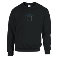 Black crewneck sweatshirt with small pocket/box graphic on chest
