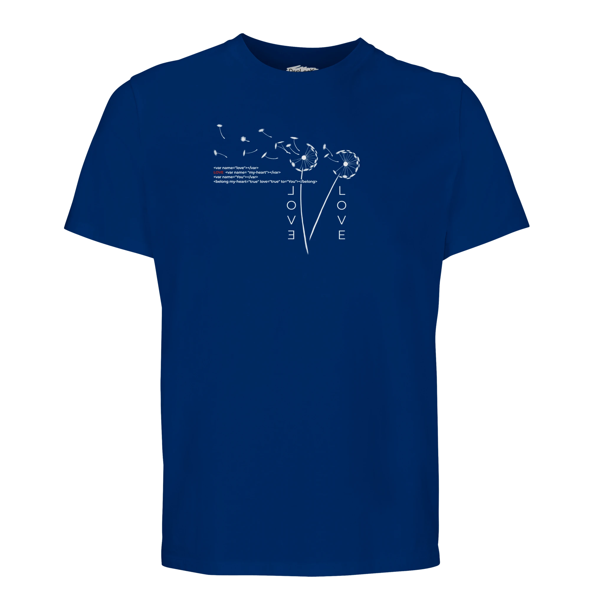 Royal blue crew-neck organic T-shirt with small Love graphic print on chest