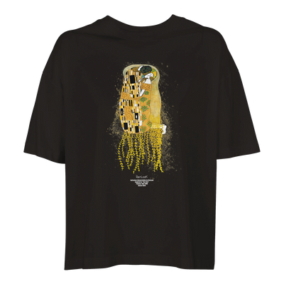 Black oversized T-shirt with gold portrait graphic at center back