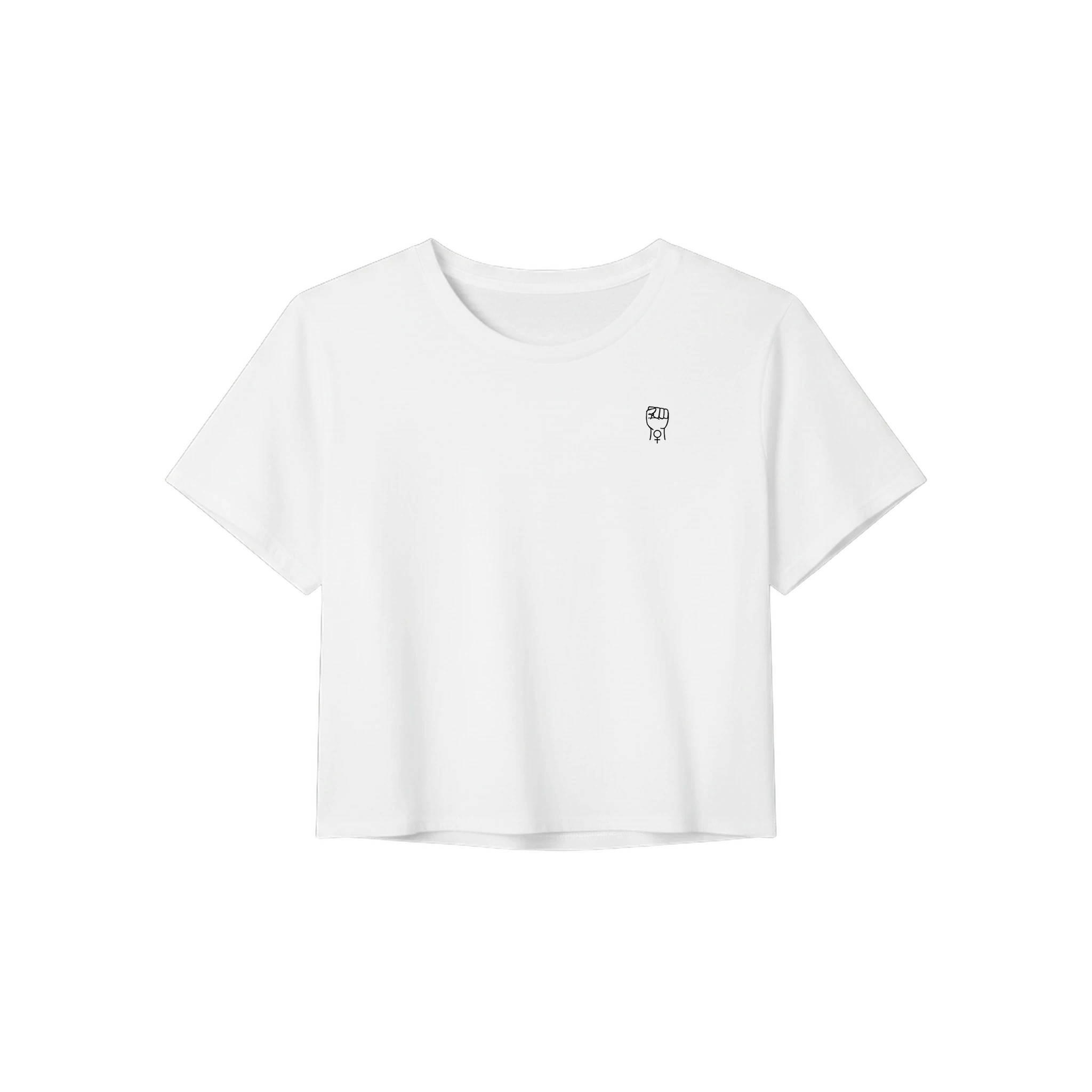White crop tee with short sleeves and crew neckline, small chest graphic.