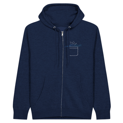 Unisex zip hoodie with hood and front pocket, navy with small chest graphic