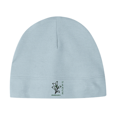 Light blue baby hat with PeaceForAll leaf logo