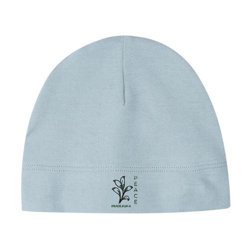 Light blue baby hat with PeaceForAll leaf logo
