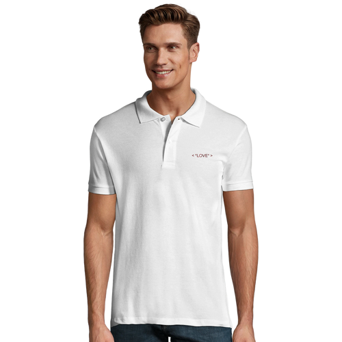 Men's polo shirt in white with button placket and small chest "LOVE" logo