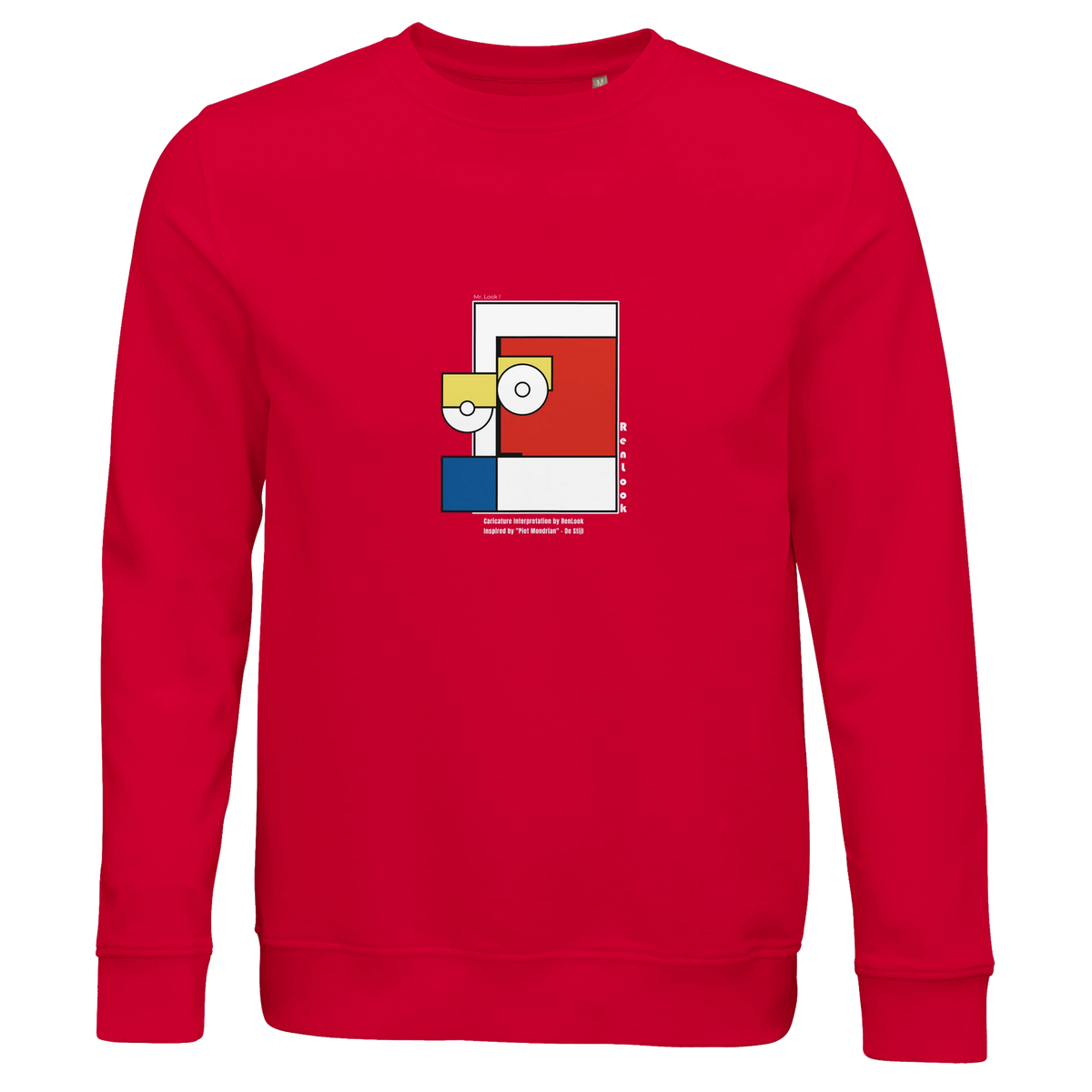 Unisex red sweatshirt with Piet Mondrian style square graphic on chest