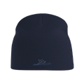 Pull-on beanie in dark navy blue knit with boat emblem