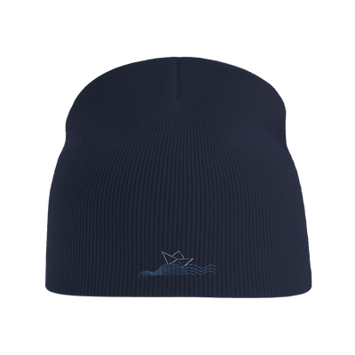 Pull-on beanie in dark navy blue knit with boat emblem