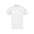 White unisex sports jersey with crew neck, short sleeves, and small chest graphic
