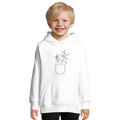 White kids hoodie with hood and front pocket, Peace plant graphic on chest