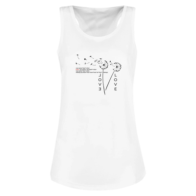 White women’s tank top with 'LOVE' and floral line-art graphic on the front