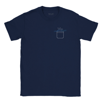 Navy unisex T-shirt with small boat-in-box graphic on chest