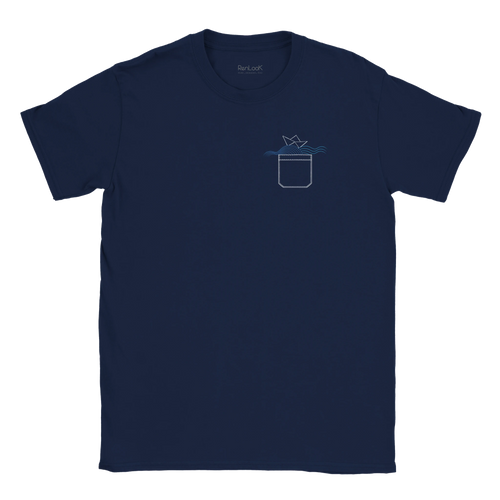 Navy unisex T-shirt with small boat-in-box graphic on chest