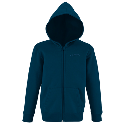 Teal kids zip-up hoodie with hood, full zipper, and "Love" chest print