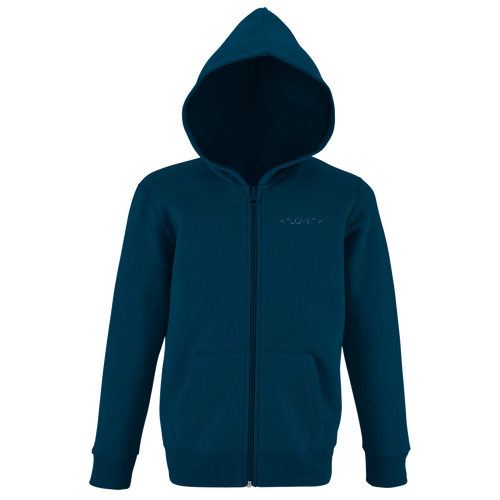 Teal kids zip-up hoodie with hood, full zipper, and "Love" chest print