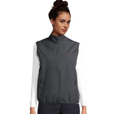 Women’s softshell vest in charcoal gray, full-zip stand collar, side pockets