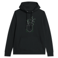 Black women's hoodie with hood, drawstring, front pocket, and floral chest graphic