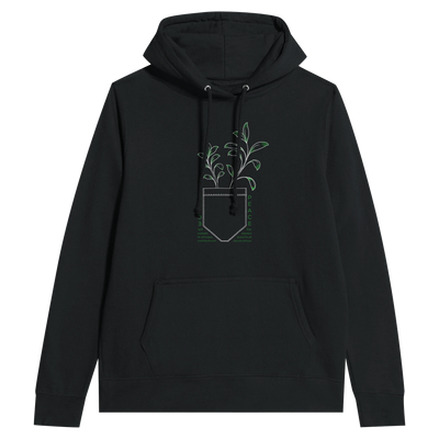 Black women's hoodie with hood, drawstring, front pocket, and floral chest graphic