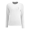 Women’s long-sleeve crewneck top, white, small chest graphic detail.