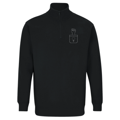 Black women’s quarter-zip sweatshirt with stand collar and feminist chest icon