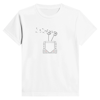 White kids graphic T-shirt with heart-shaped 'LOVE' print on the chest